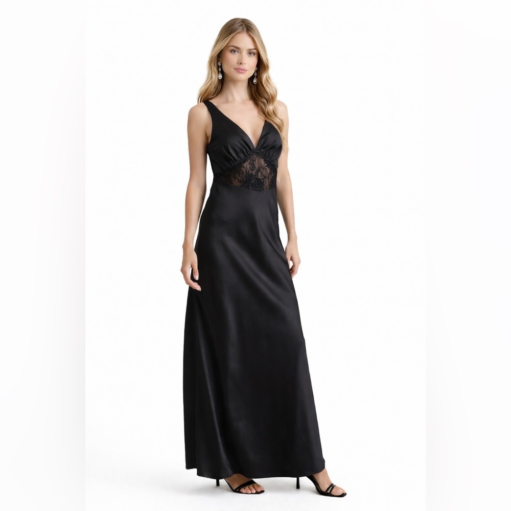 Lulus Toulouse Black Satin Lace Maxi Dress - Size M